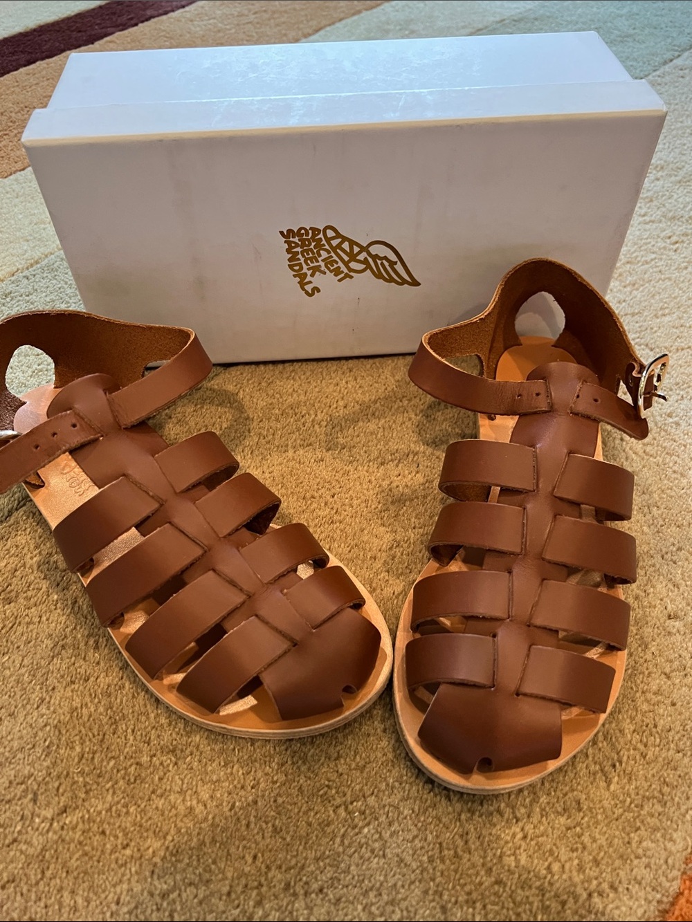 Ancient Greek  Sandals Homeria  Tan Brown Leather Strappy Fisherman Sandals